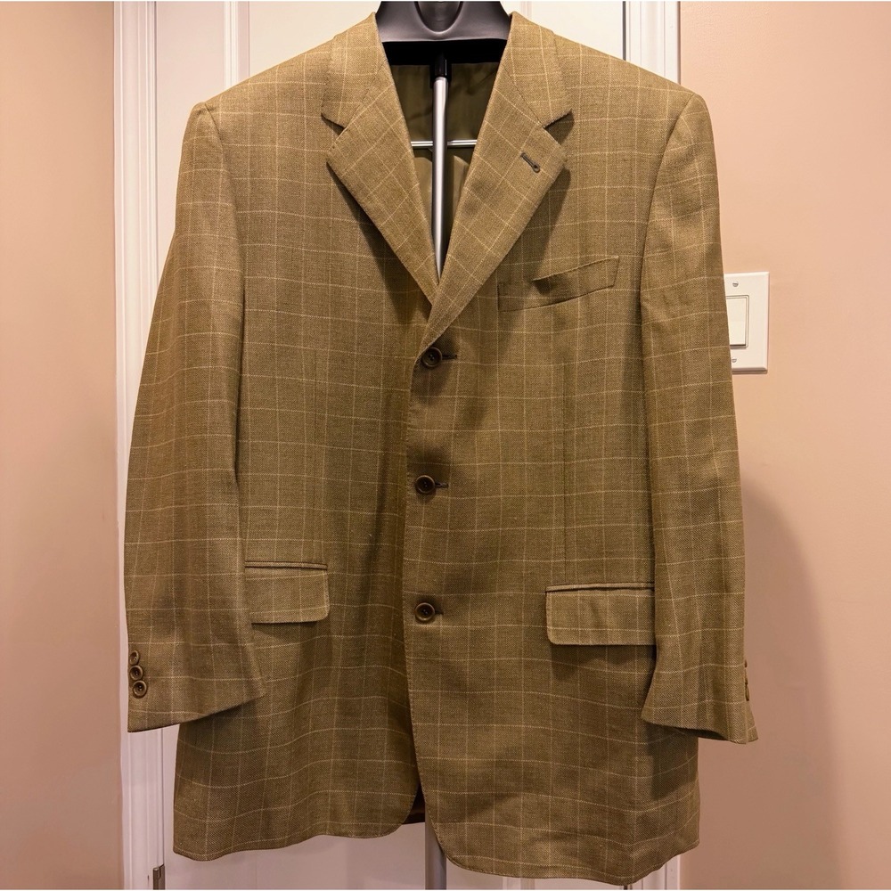 Canali Proposta Blazer 44R Olive Tan Windowpane Silk Linen Wool Sport Coat Italy